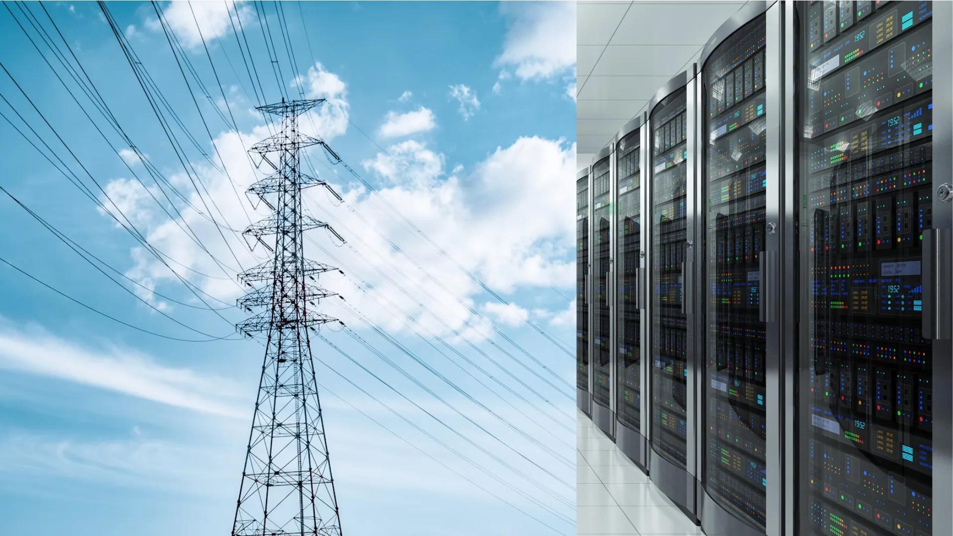A transmission tower and power lines against a bright sky, beside a row of server cabinets in a data hall.