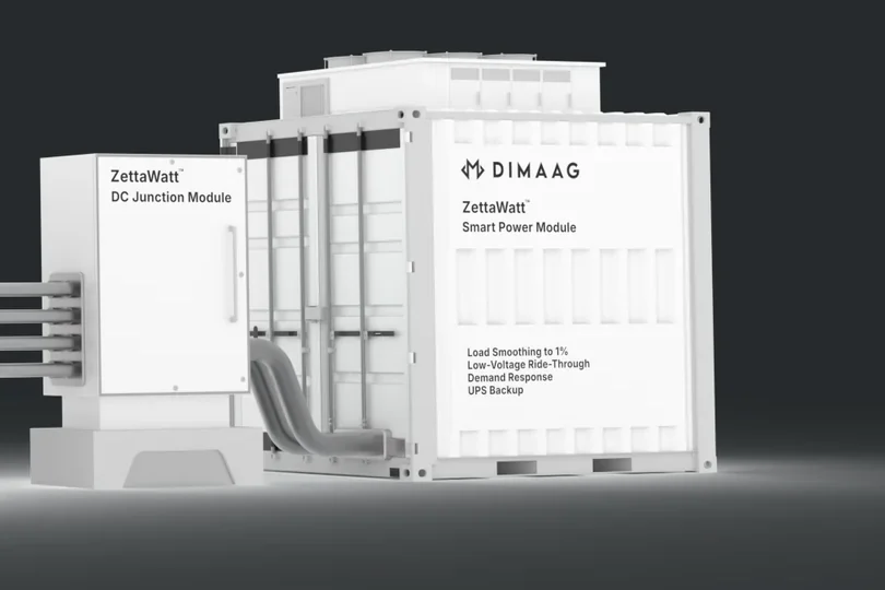 The ZettaWatt™ DC Junction Module and Smart Power Module, two white container units from the grid-to-800 VDC skid.