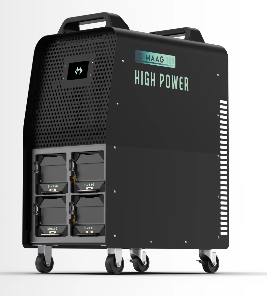 The DIMAAG swappable module charger: a wheeled cabinet with four battery modules docked in its open bay.