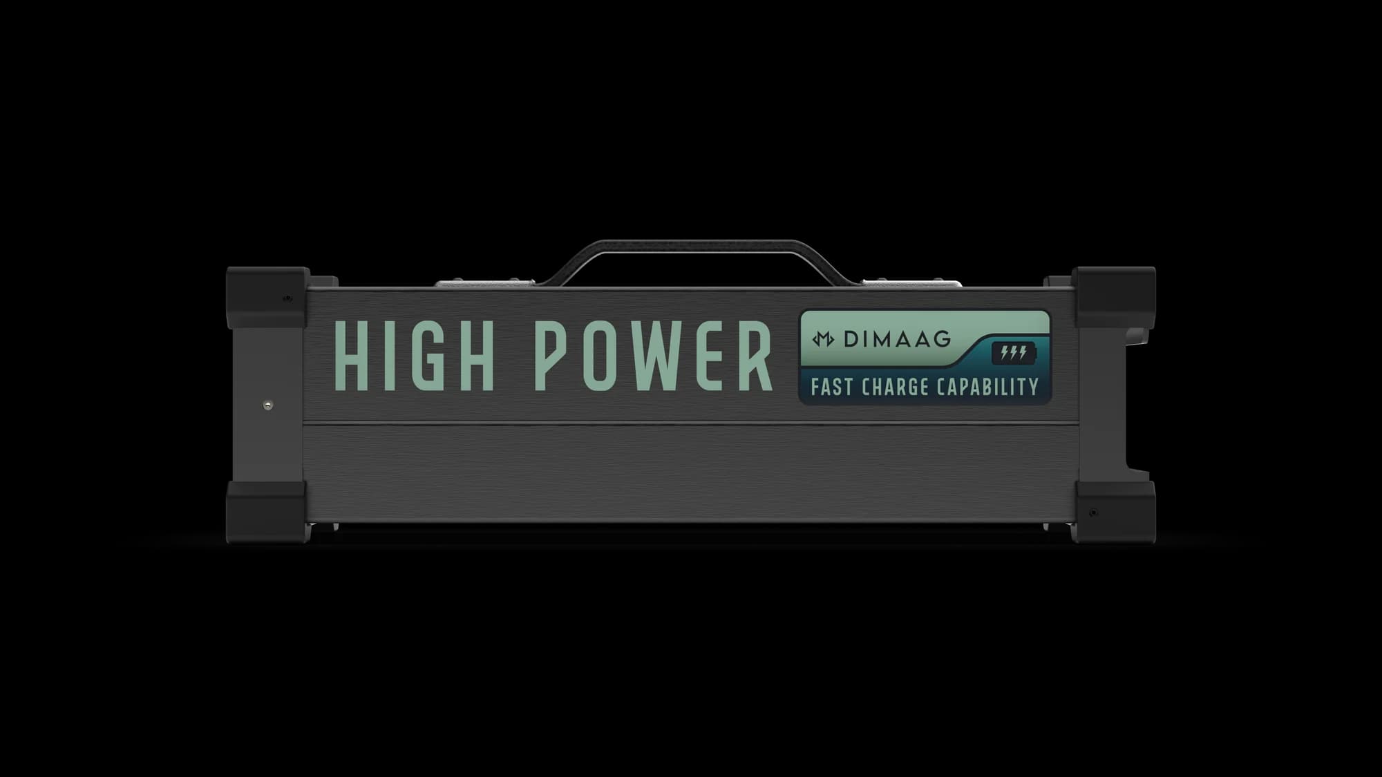 The DIMAAG high power swappable battery module, front elevation, with its carry handle and fast charge capability plate.